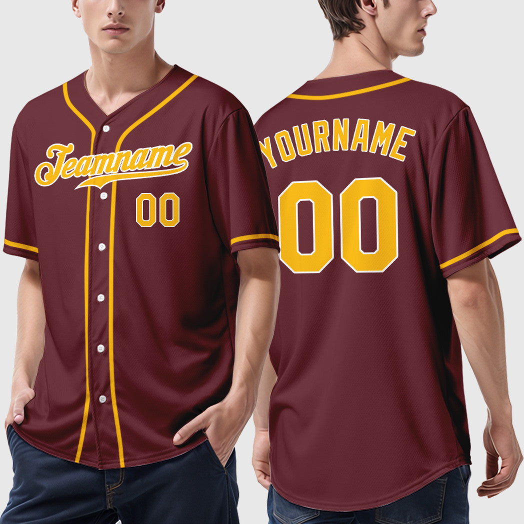 Custom Burgundy Gold White Sleeve Baseball Jersey