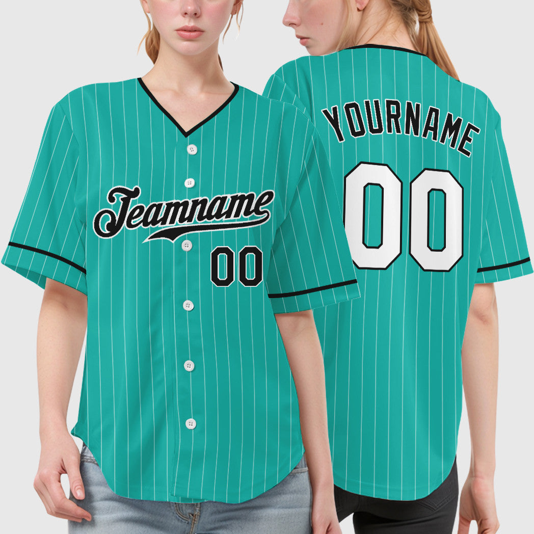 Custom Aqua White Black Pinstripe Baseball Jersey