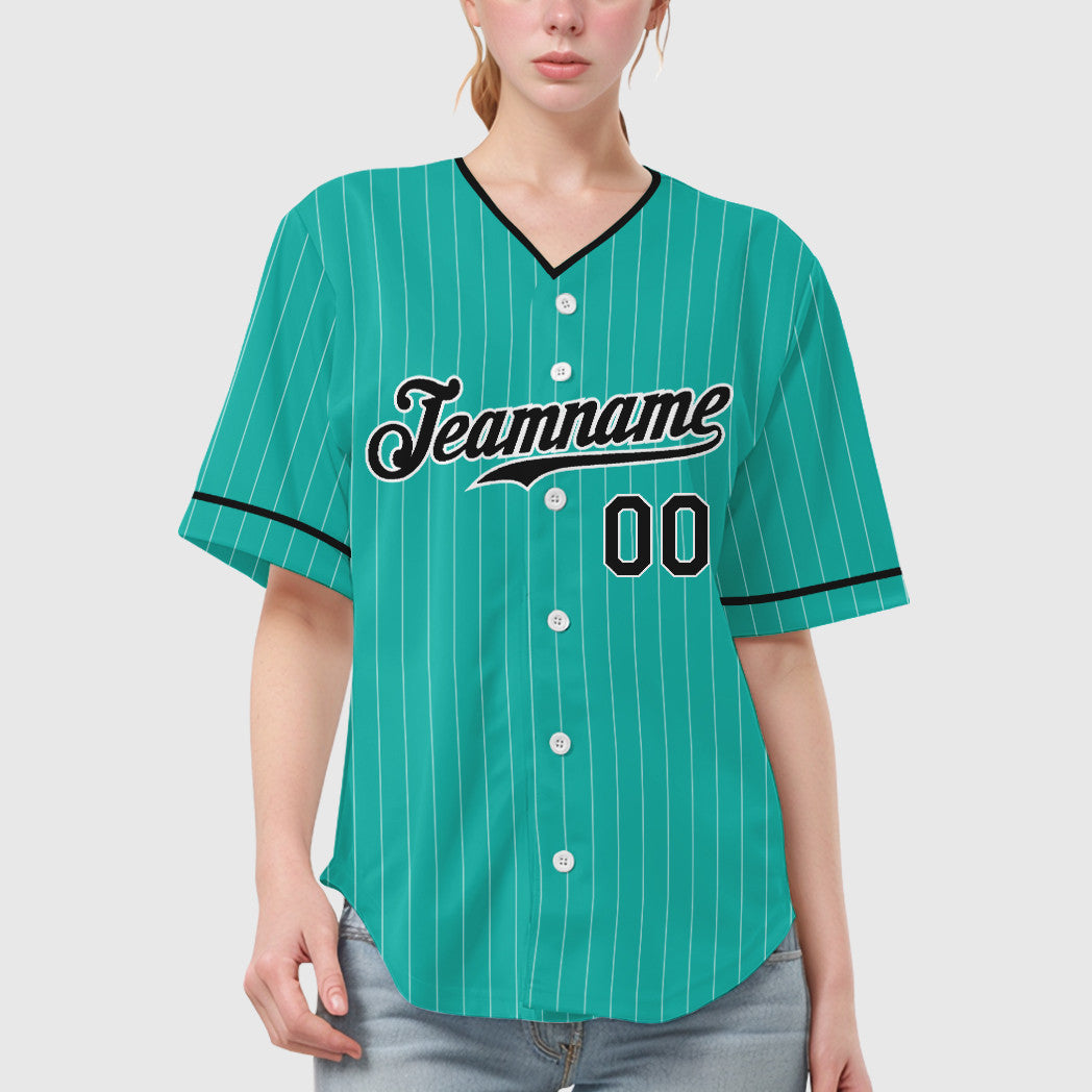 Custom Aqua White Black Pinstripe Baseball Jersey