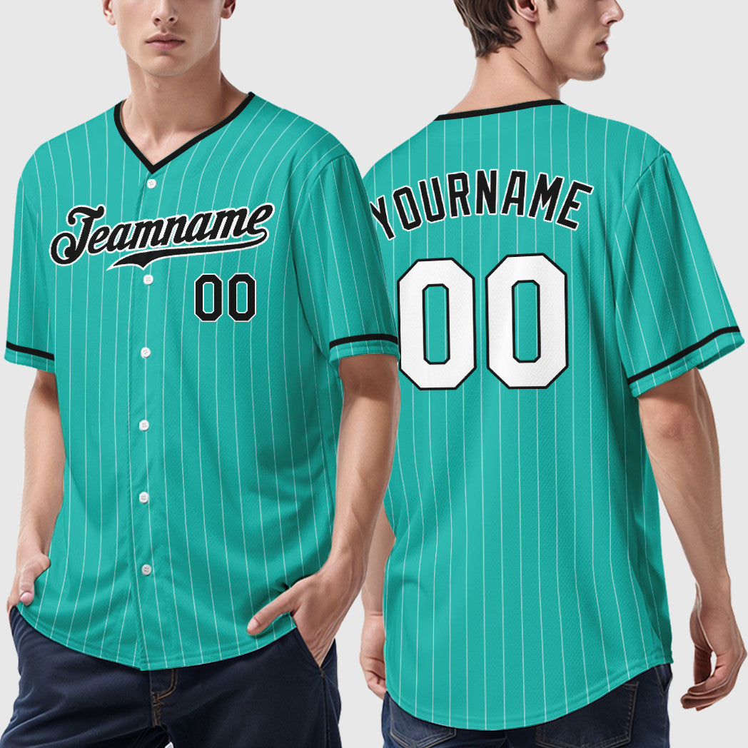 Custom Aqua White Black Pinstripe Baseball Jersey