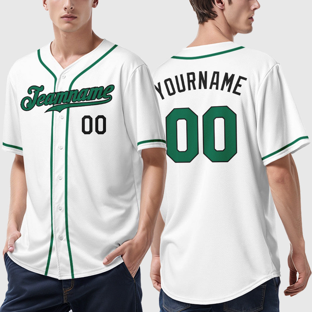 Custom White Black Kelly Green Sleeve Baseball Jersey