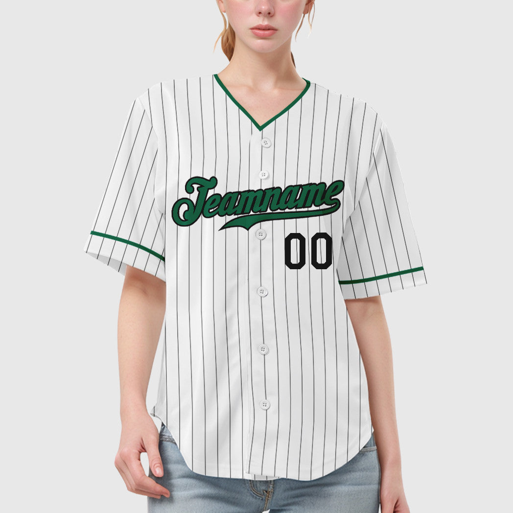 Custom White Black Kelly Green Pinstripe Baseball Jersey