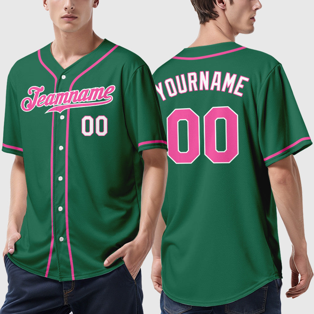 Custom Kelly Green White Pink-White Sleeve Baseball Jersey