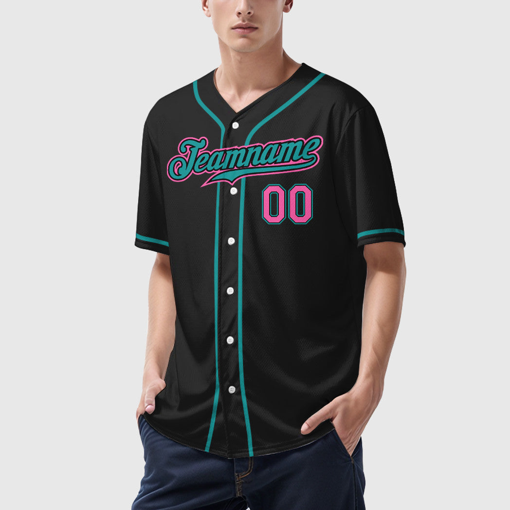 Custom Black Pink Pink-Teal Sleeve Baseball Jersey