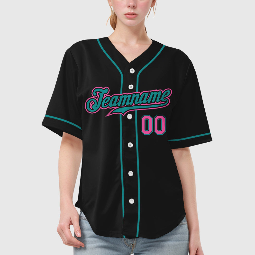 Custom Black Pink Pink-Teal Sleeve Baseball Jersey