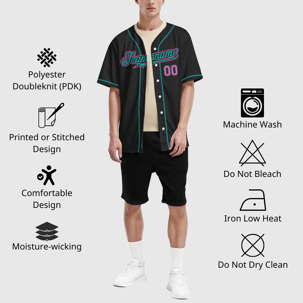 Custom Black Pink Pink-Teal Sleeve Baseball Jersey