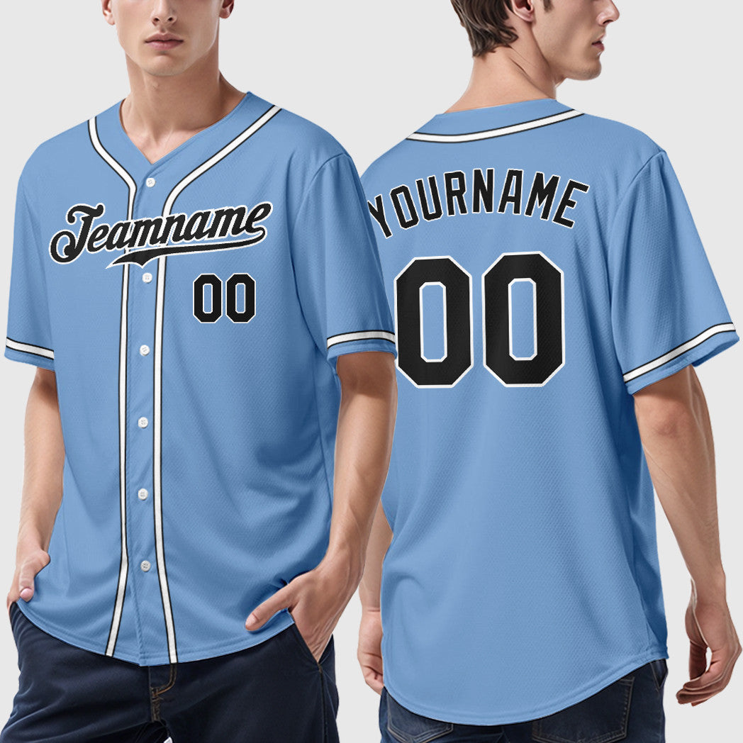Custom Light Blue White Black Sleeve Baseball Jersey