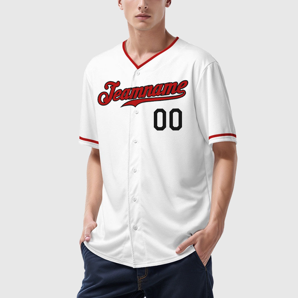 Custom White Black Red Collar Sleeve Baseball Jersey