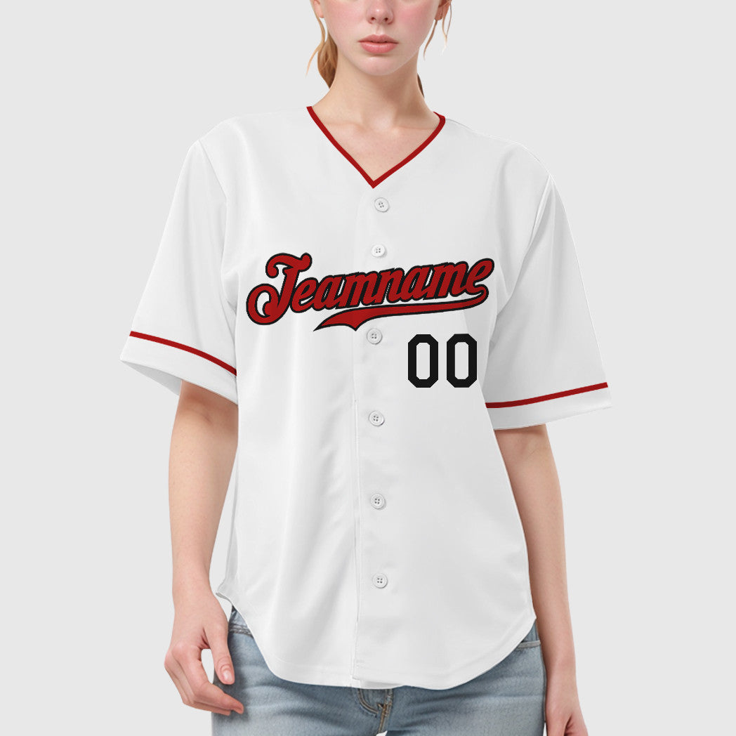 Custom White Black Red Collar Sleeve Baseball Jersey