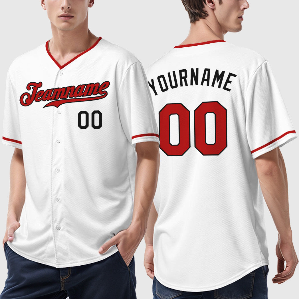 Custom White Black Red Collar Sleeve Baseball Jersey