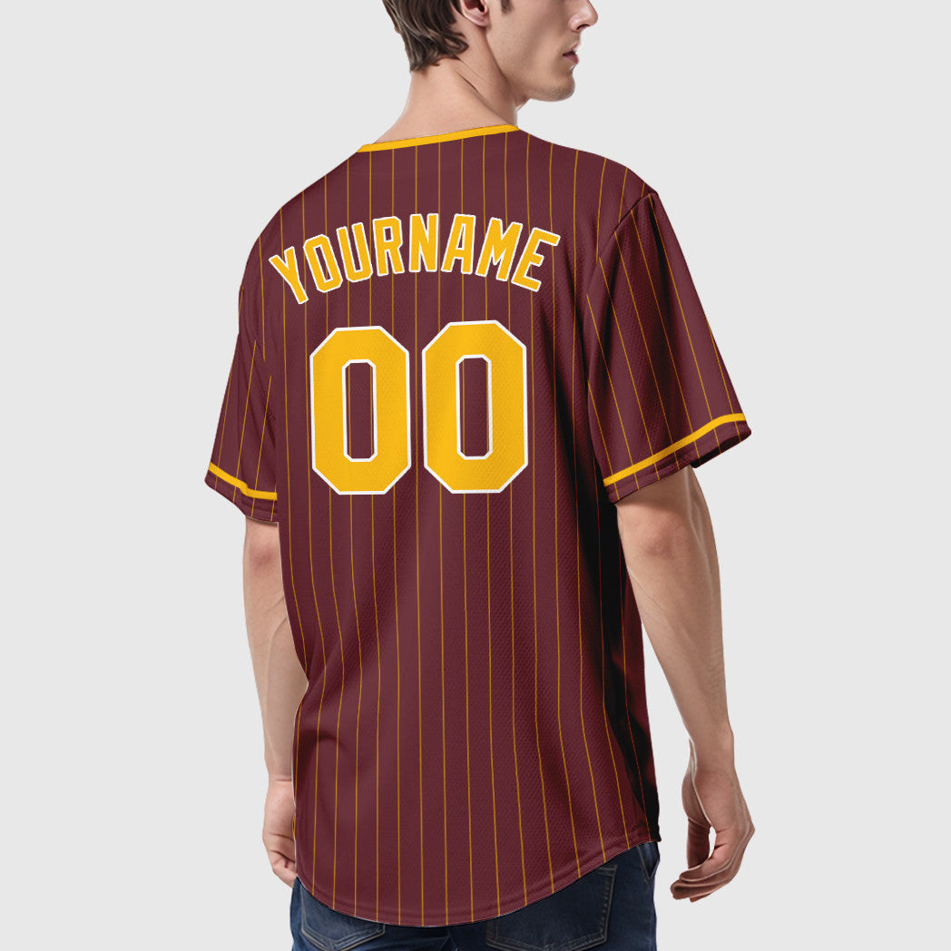 Custom Burgundy Gold White Pinstripe Baseball Jersey