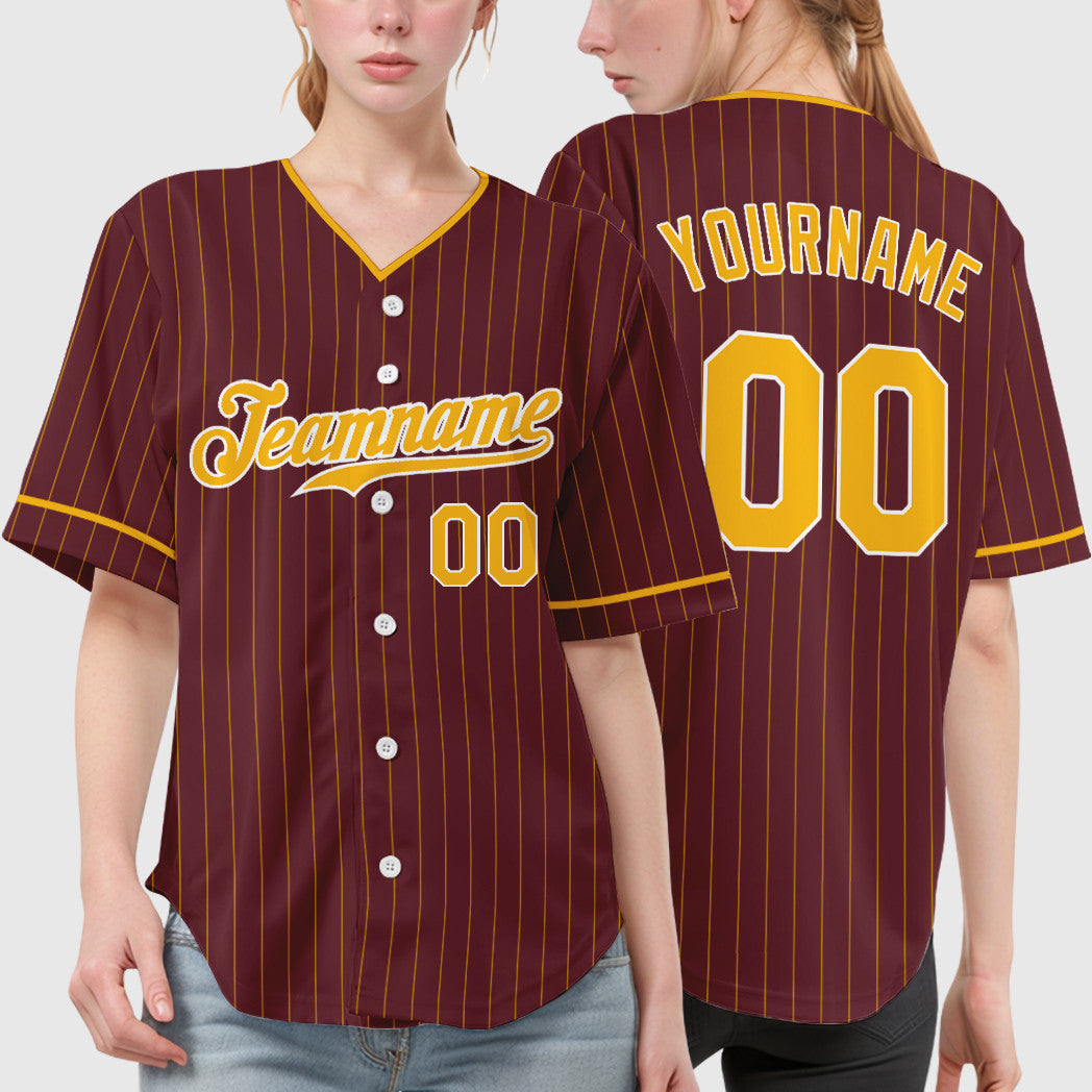 Custom Burgundy Gold White Pinstripe Baseball Jersey