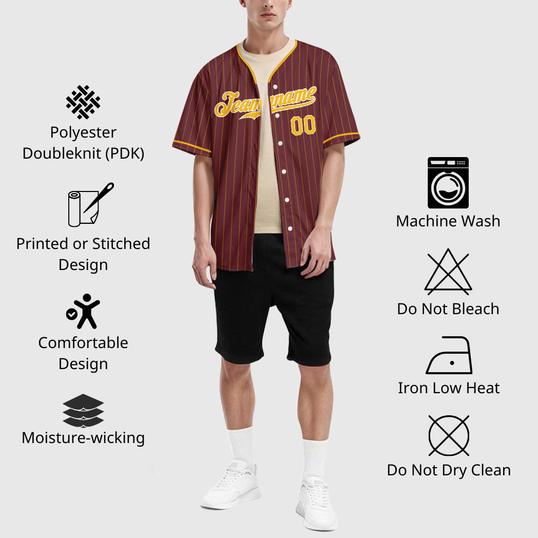 Custom Burgundy Gold White Pinstripe Baseball Jersey