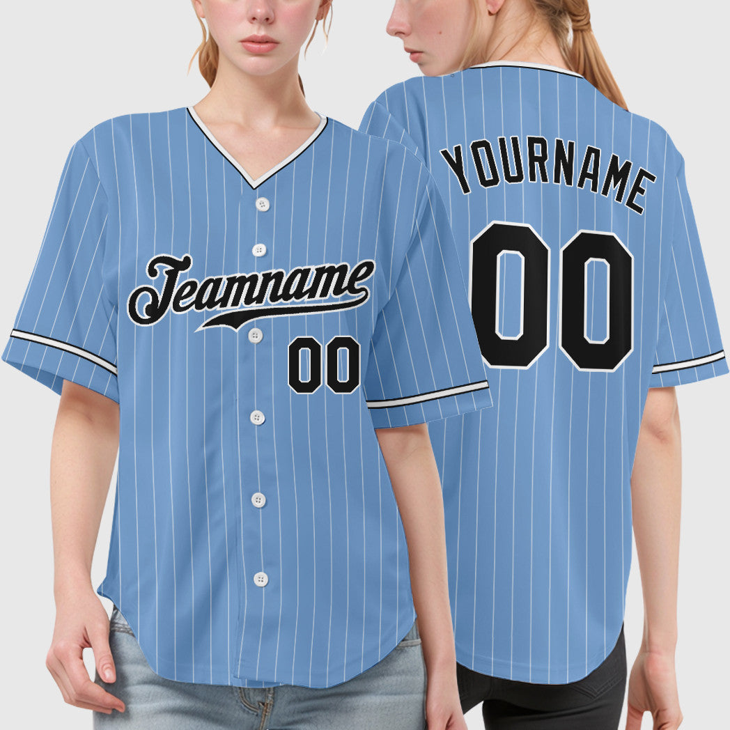 Custom Light Blue White Black Pinstripe Baseball Jersey