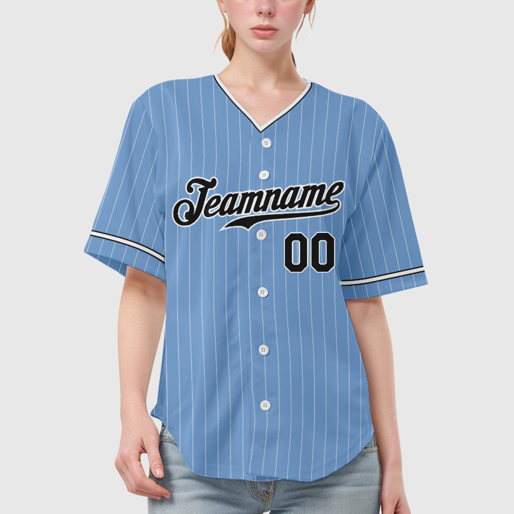 Custom Light Blue White Black Pinstripe Baseball Jersey