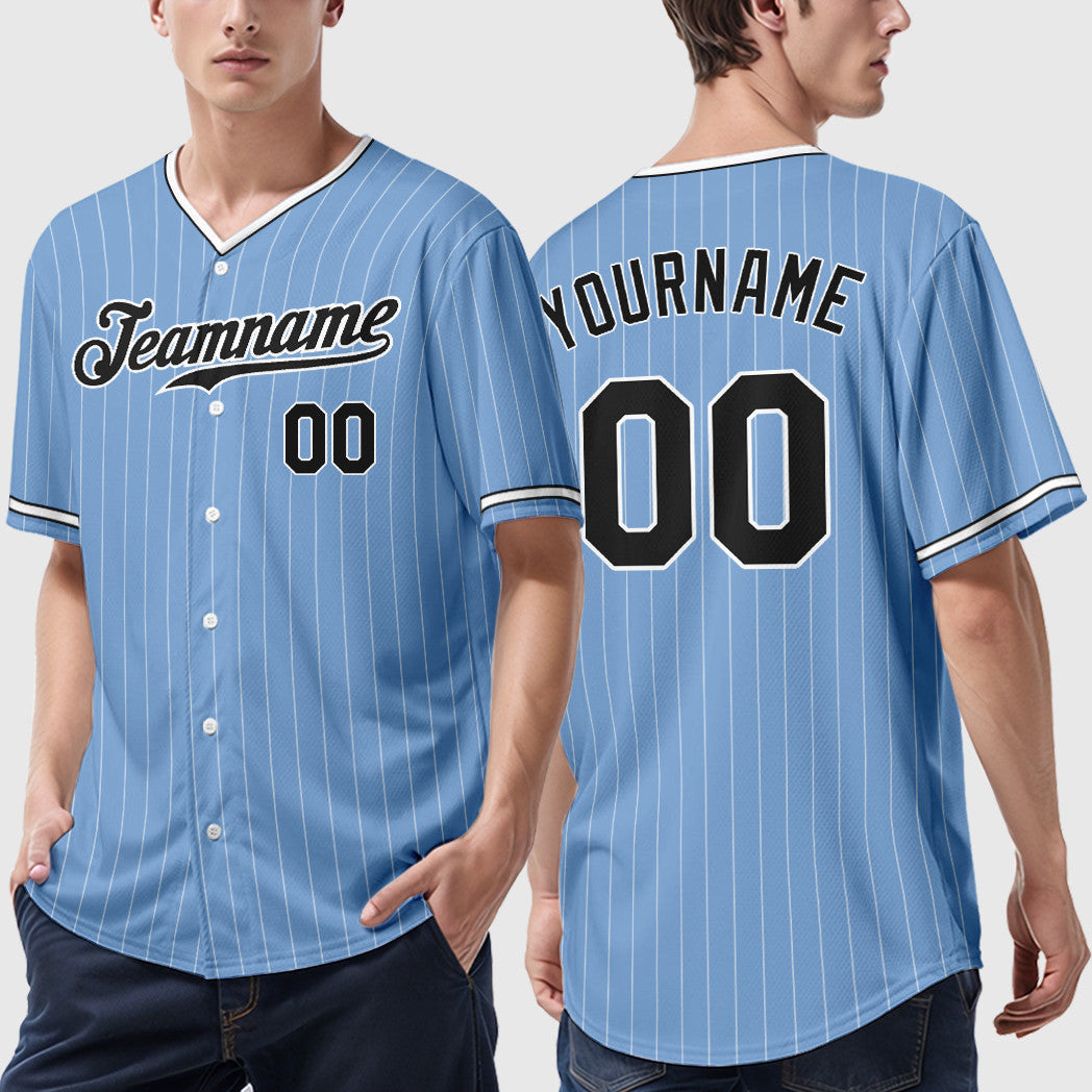 Custom Light Blue White Black Pinstripe Baseball Jersey