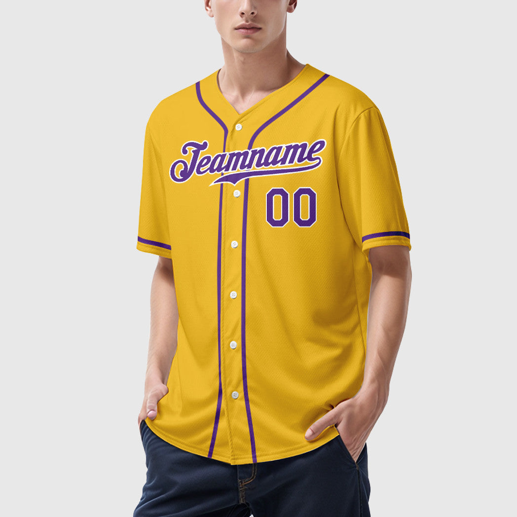 Custom Yellow Purple Purple-White Sleeve Baseball Jersey