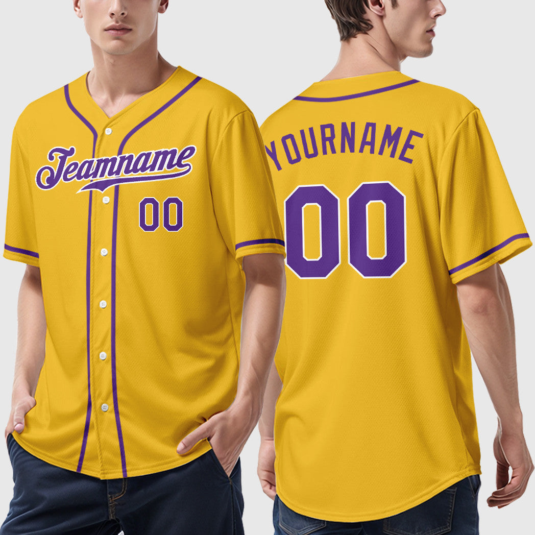 Custom Yellow Purple Purple-White Sleeve Baseball Jersey