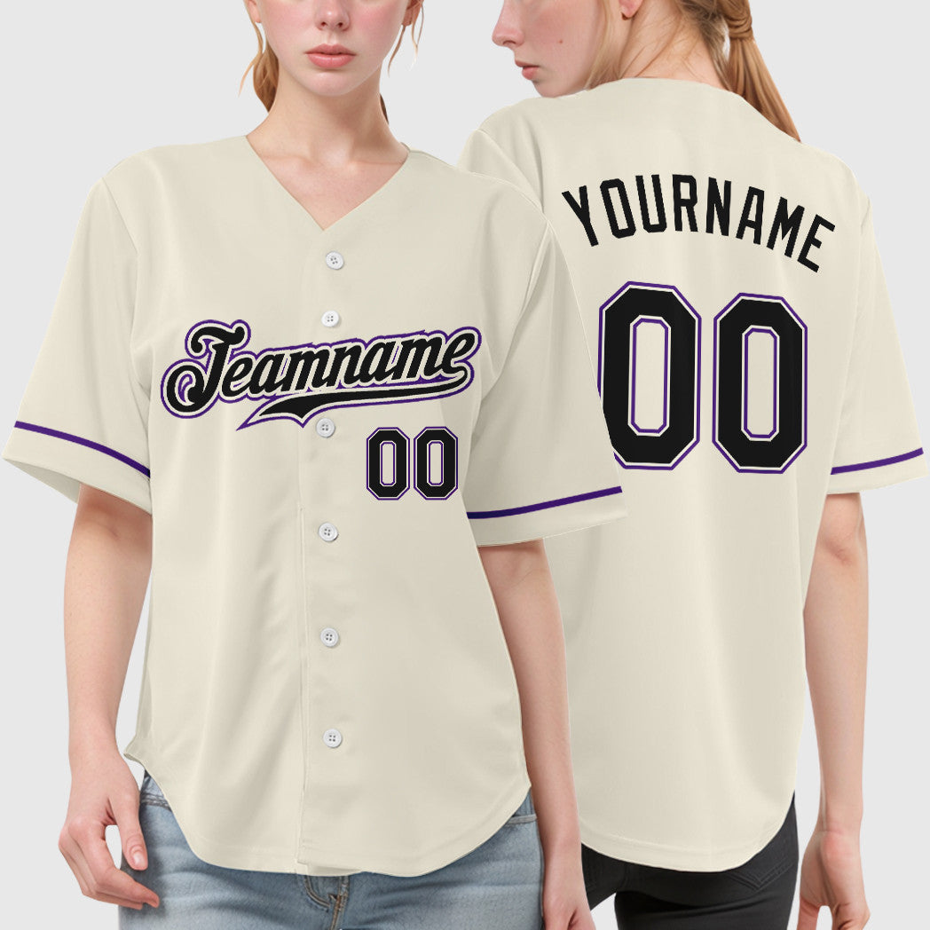 Custom Cream Black Black-Purple Baseball Jersey