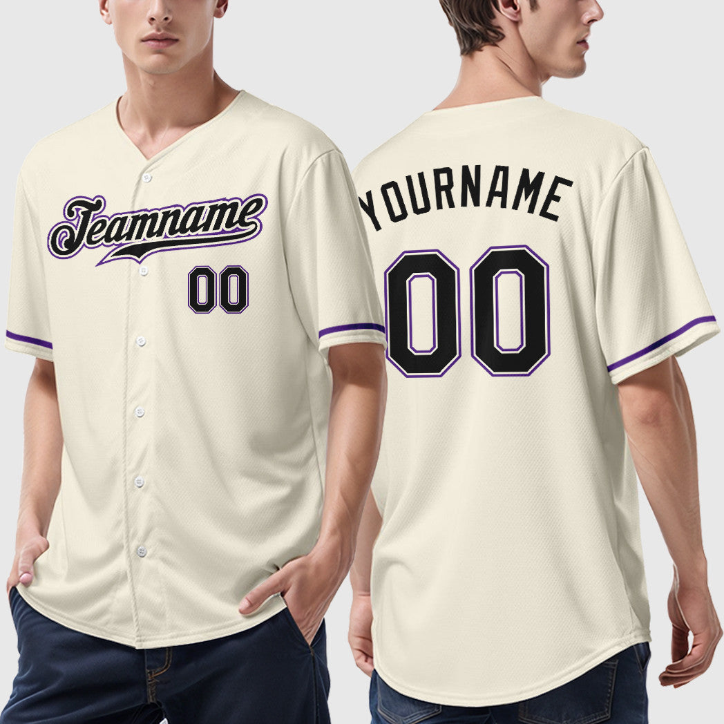 Custom Cream Black Black-Purple Baseball Jersey