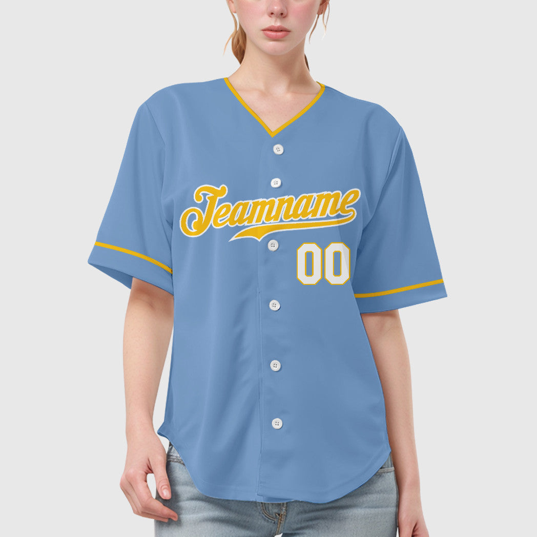 Custom Light Blue Gold Gold-White Collar Sleeve Baseball Jersey