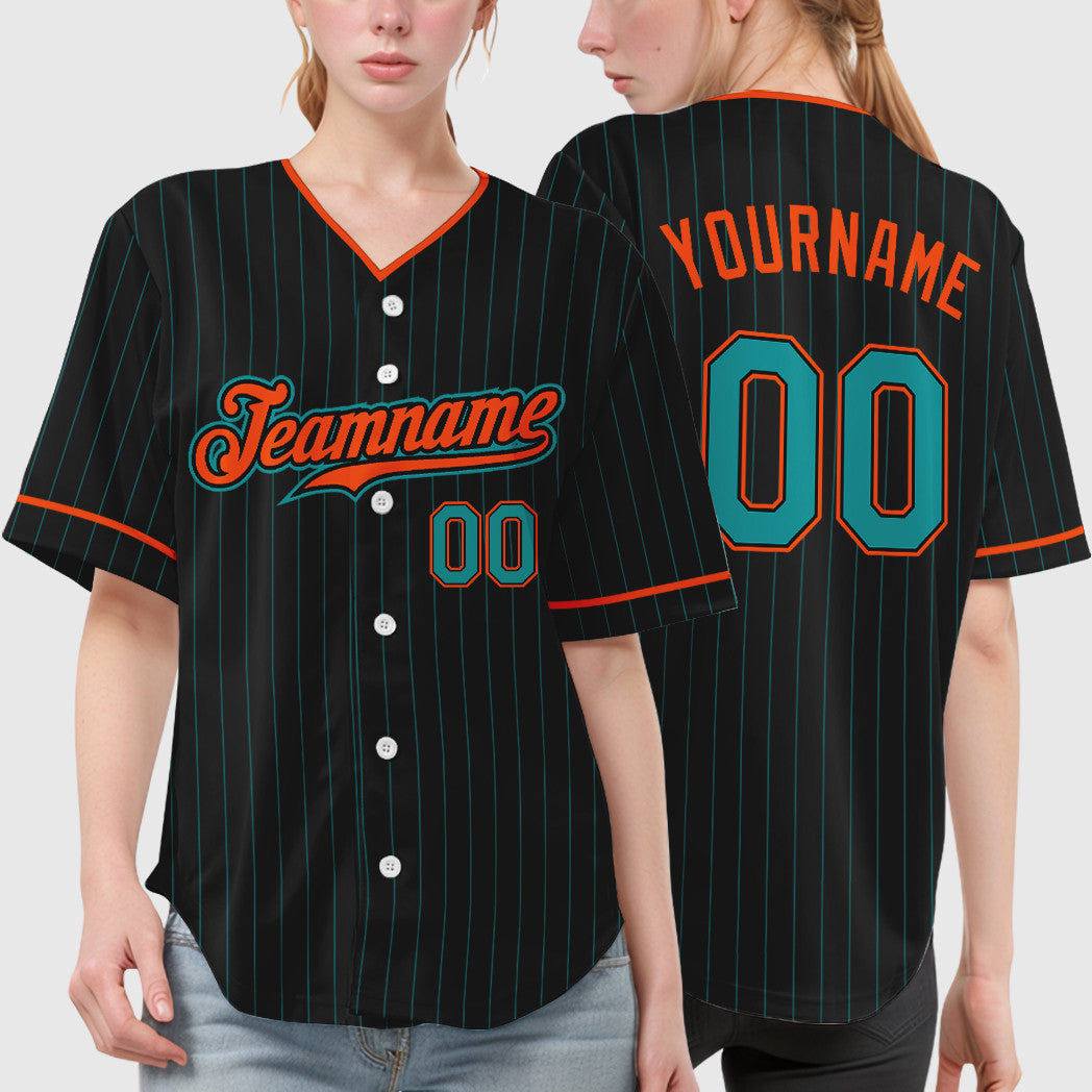 Custom Black Teal Teal-Orange Pinstripe Baseball Jersey