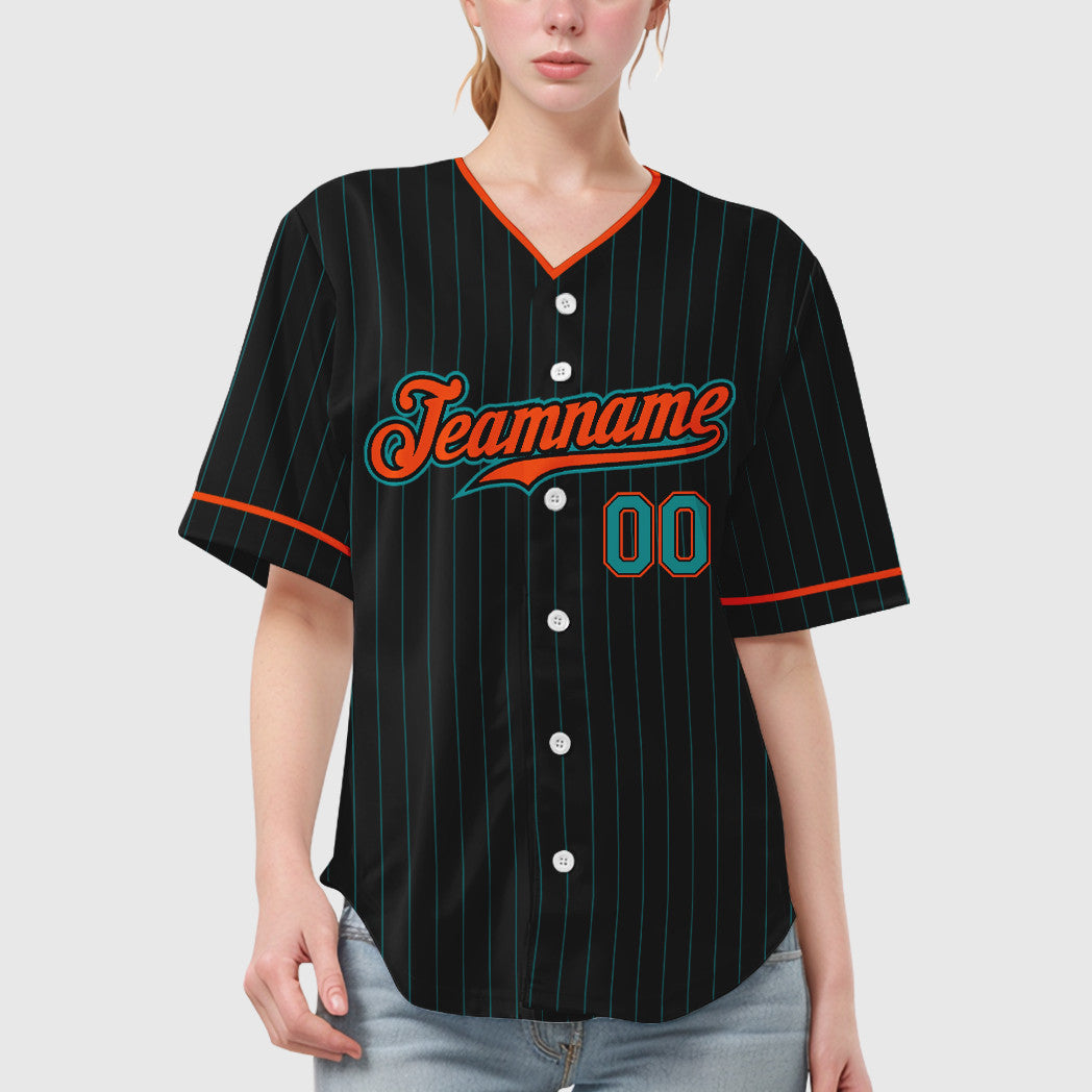 Custom Black Teal Teal-Orange Pinstripe Baseball Jersey