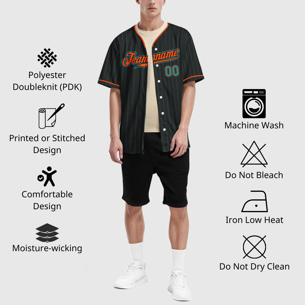 Custom Black Teal Teal-Orange Pinstripe Baseball Jersey