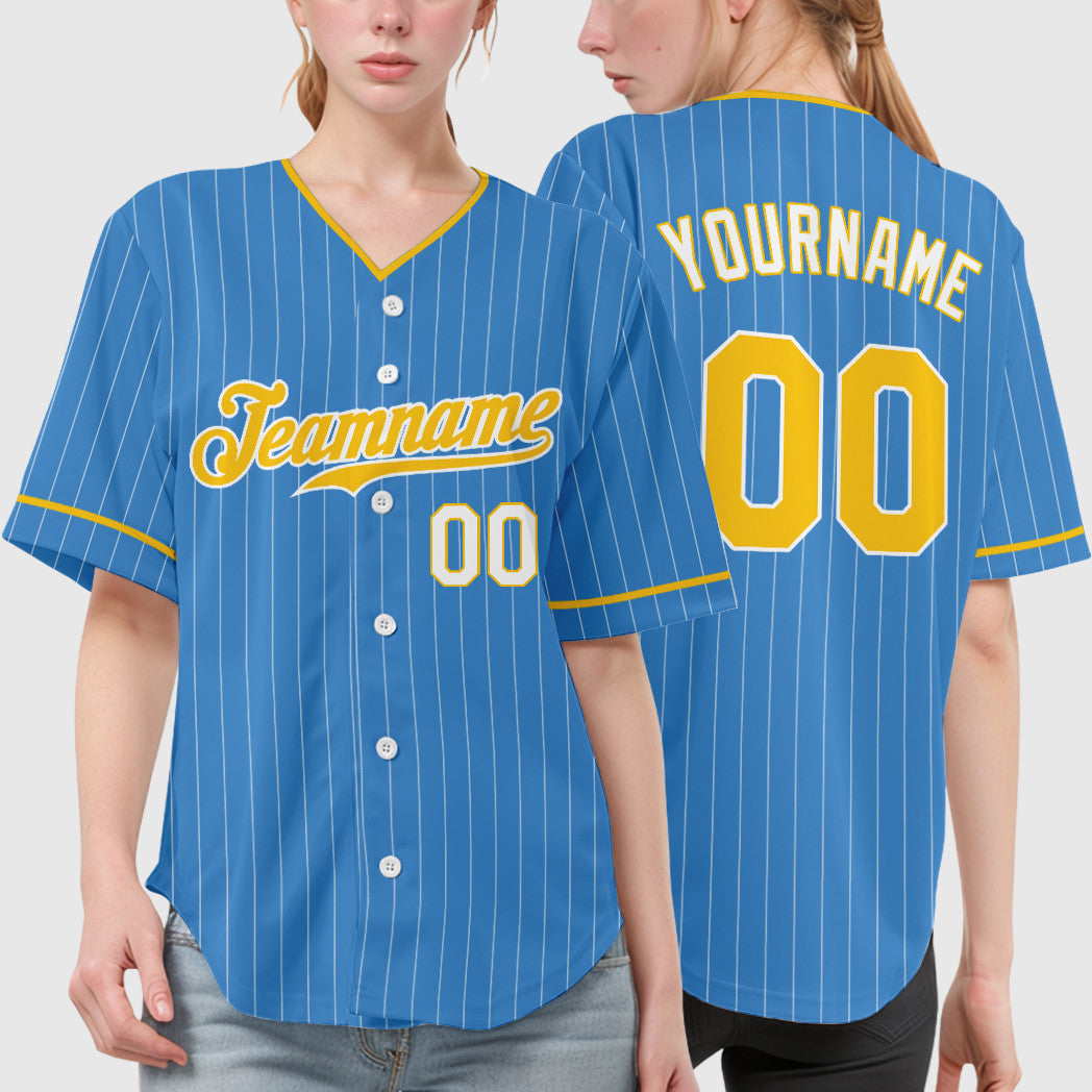 Custom Powder Blue White Gold-White Pinstripe Baseball Jersey