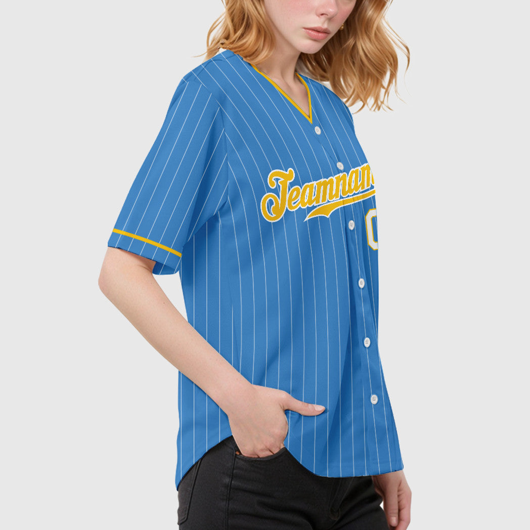 Custom Powder Blue White Gold-White Pinstripe Baseball Jersey