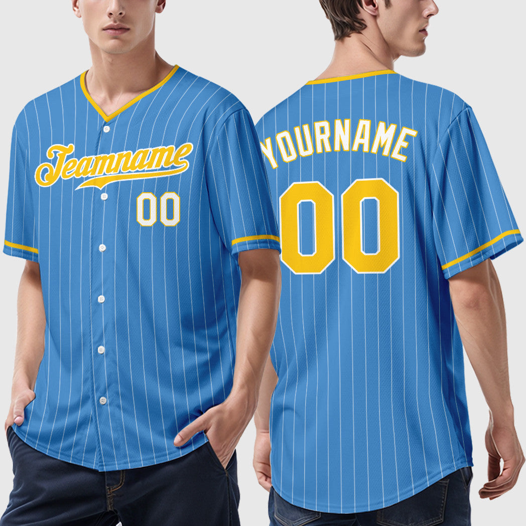 Custom Powder Blue White Gold-White Pinstripe Baseball Jersey