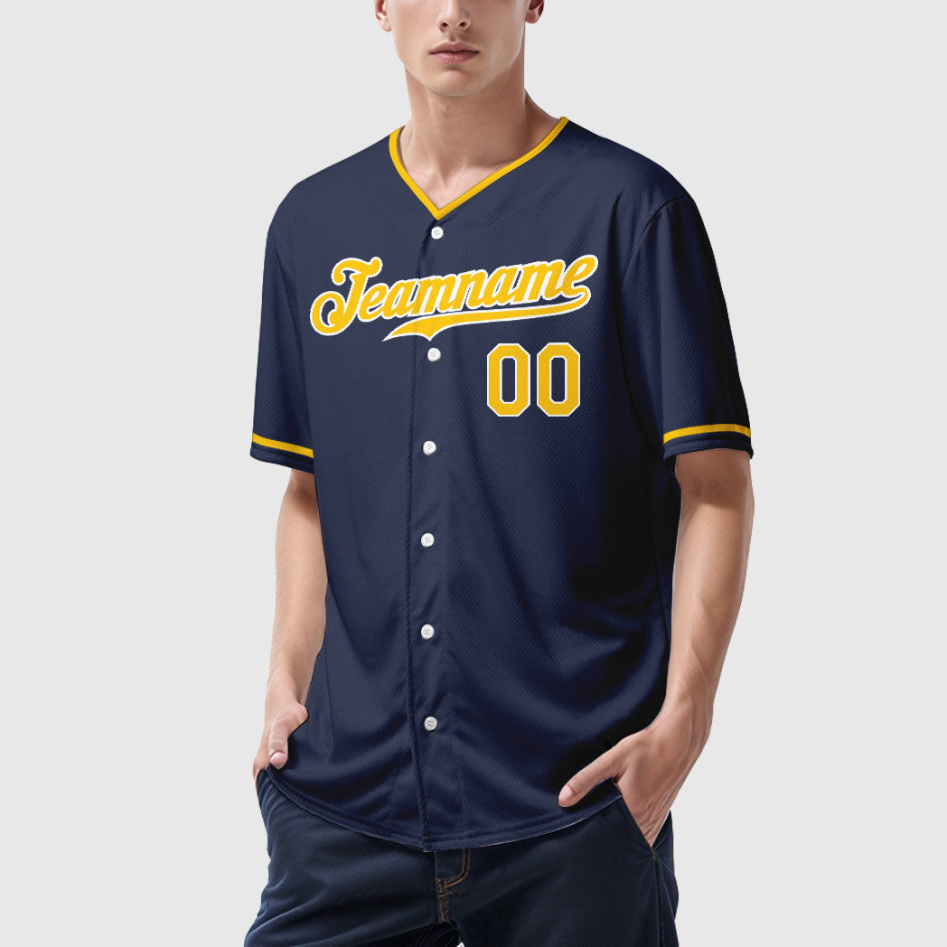 Custom Navy Gold Gold-White Collar Sleeve Baseball Jersey