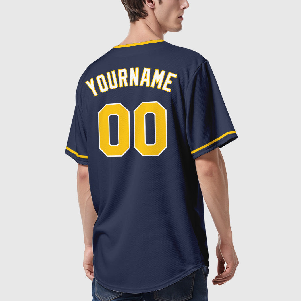 Custom Navy Gold Gold-White Collar Sleeve Baseball Jersey
