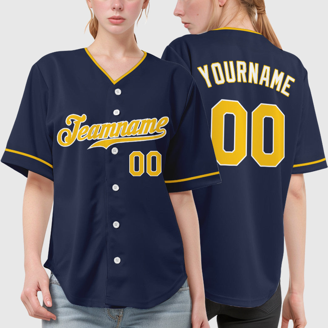 Custom Navy Gold Gold-White Collar Sleeve Baseball Jersey