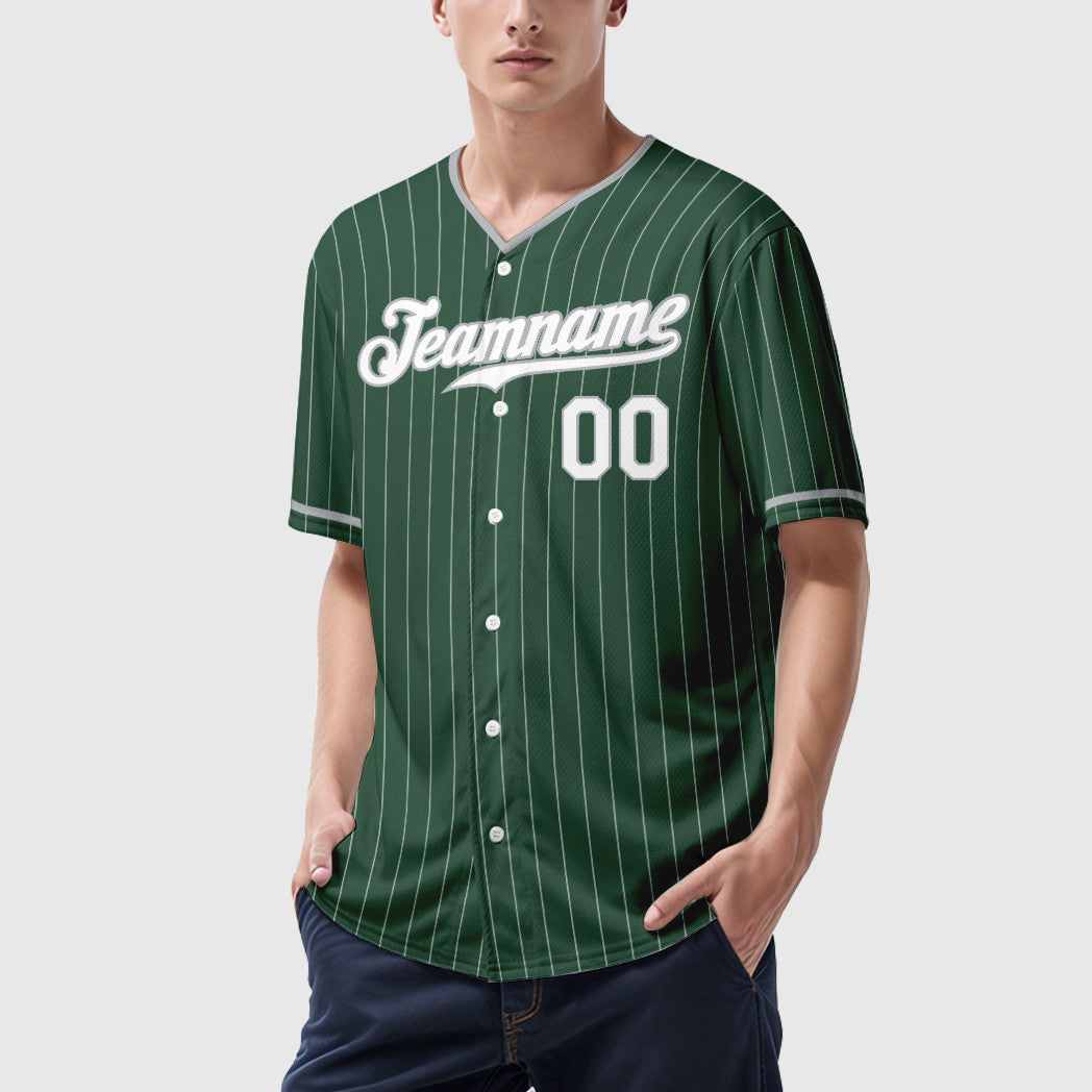 Custom Green White Gray Pinstripe Baseball Jersey