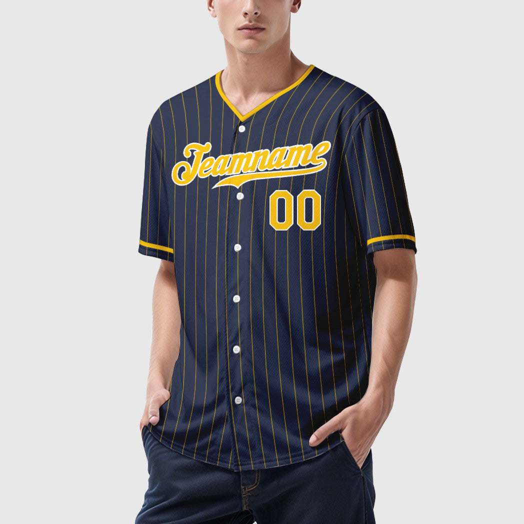 Custom Navy Gold Gold-White Pinstripe Baseball Jersey
