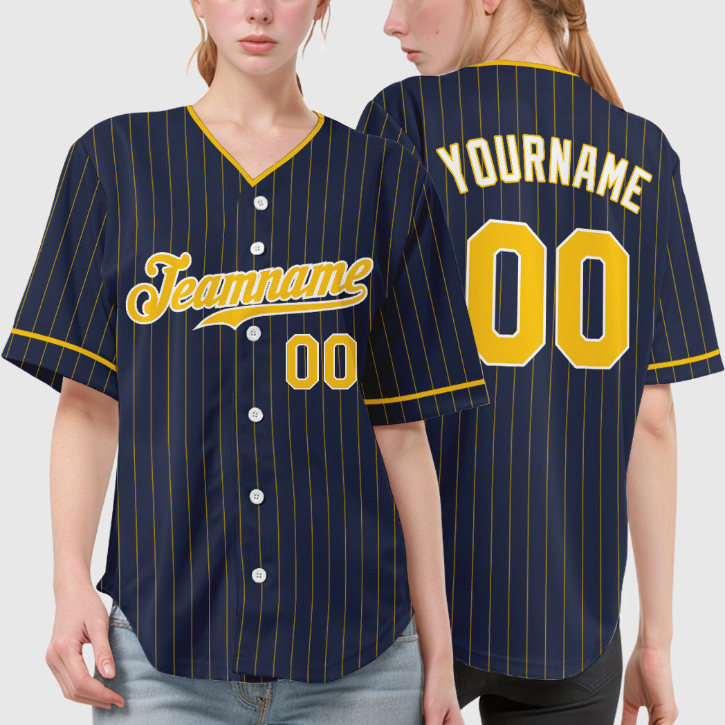 Custom Navy Gold Gold-White Pinstripe Baseball Jersey