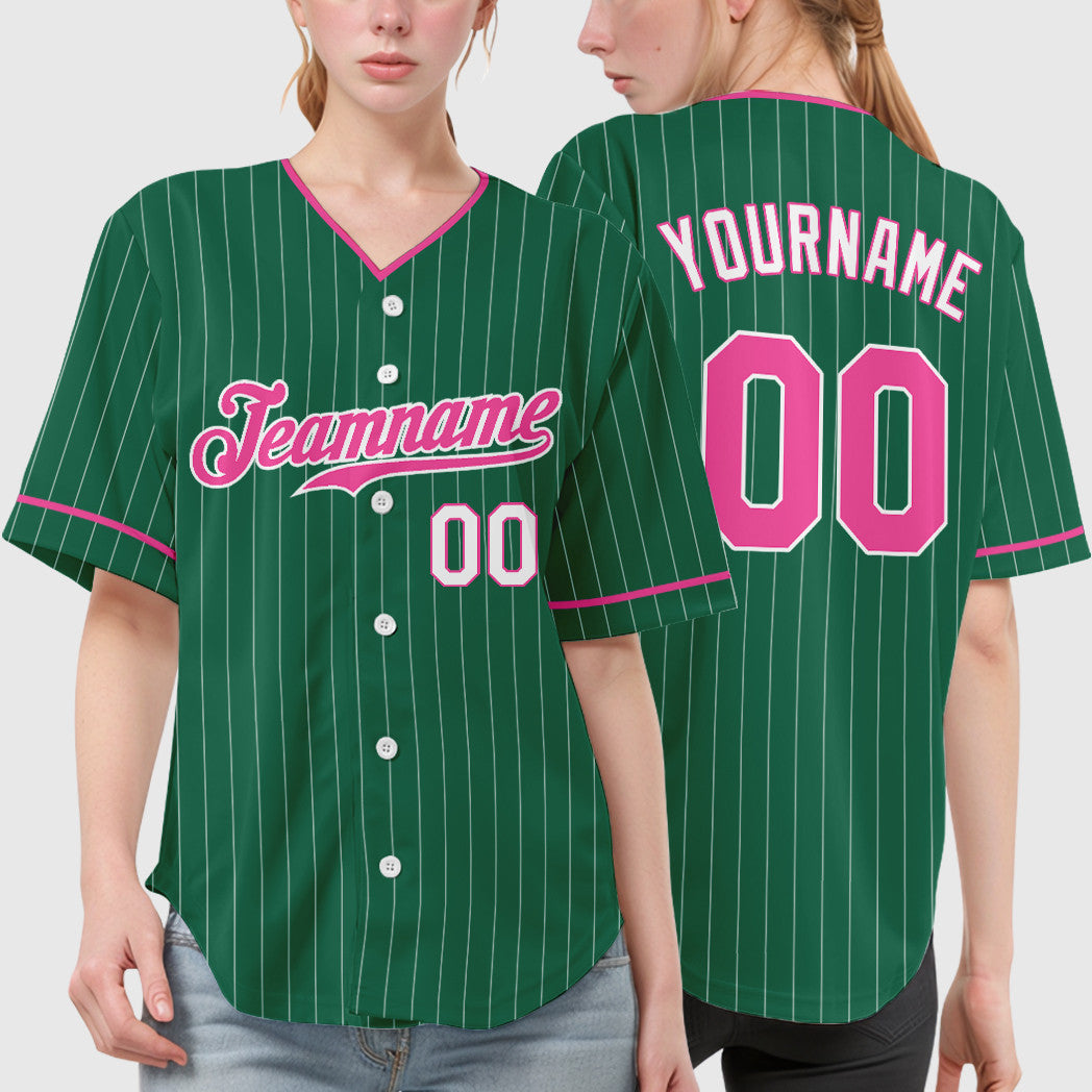 Custom Kelly Green White Pink-White Pinstripe Baseball Jersey