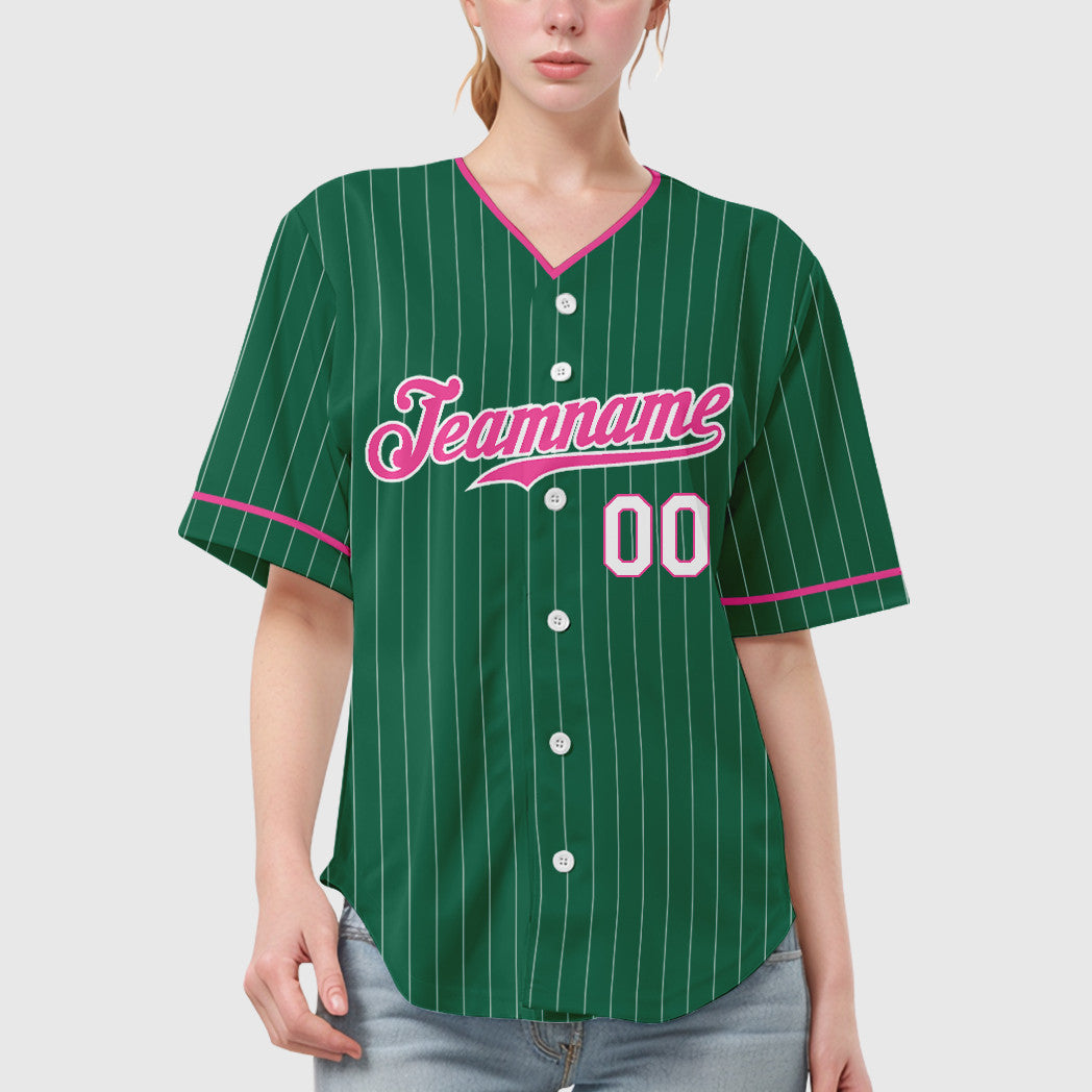 Custom Kelly Green White Pink-White Pinstripe Baseball Jersey