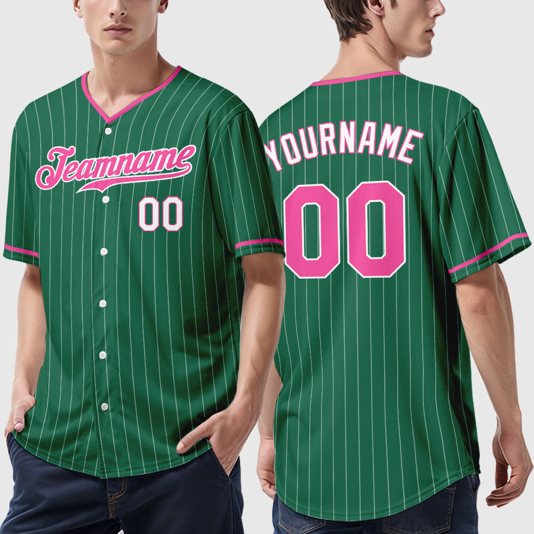 Custom Kelly Green White Pink-White Pinstripe Baseball Jersey