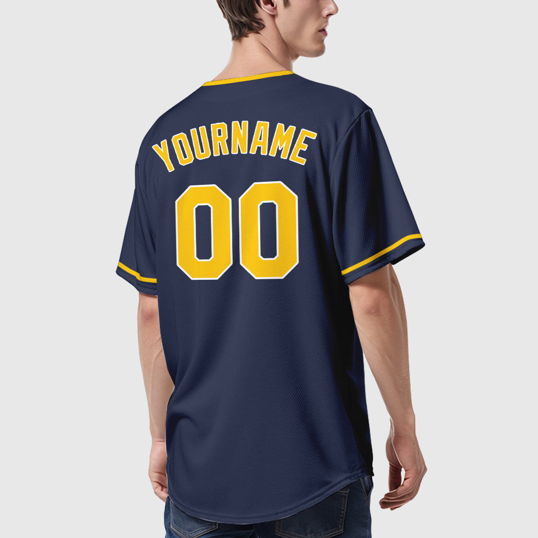 Custom Navy White Gold Collar Sleeve Baseball Jersey