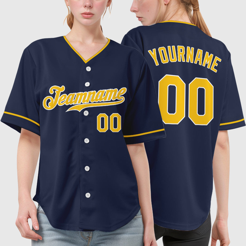 Custom Navy White Gold Collar Sleeve Baseball Jersey