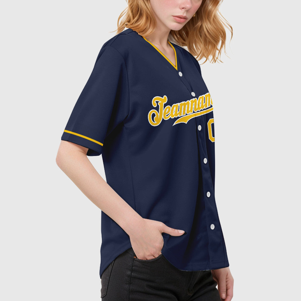 Custom Navy White Gold Collar Sleeve Baseball Jersey