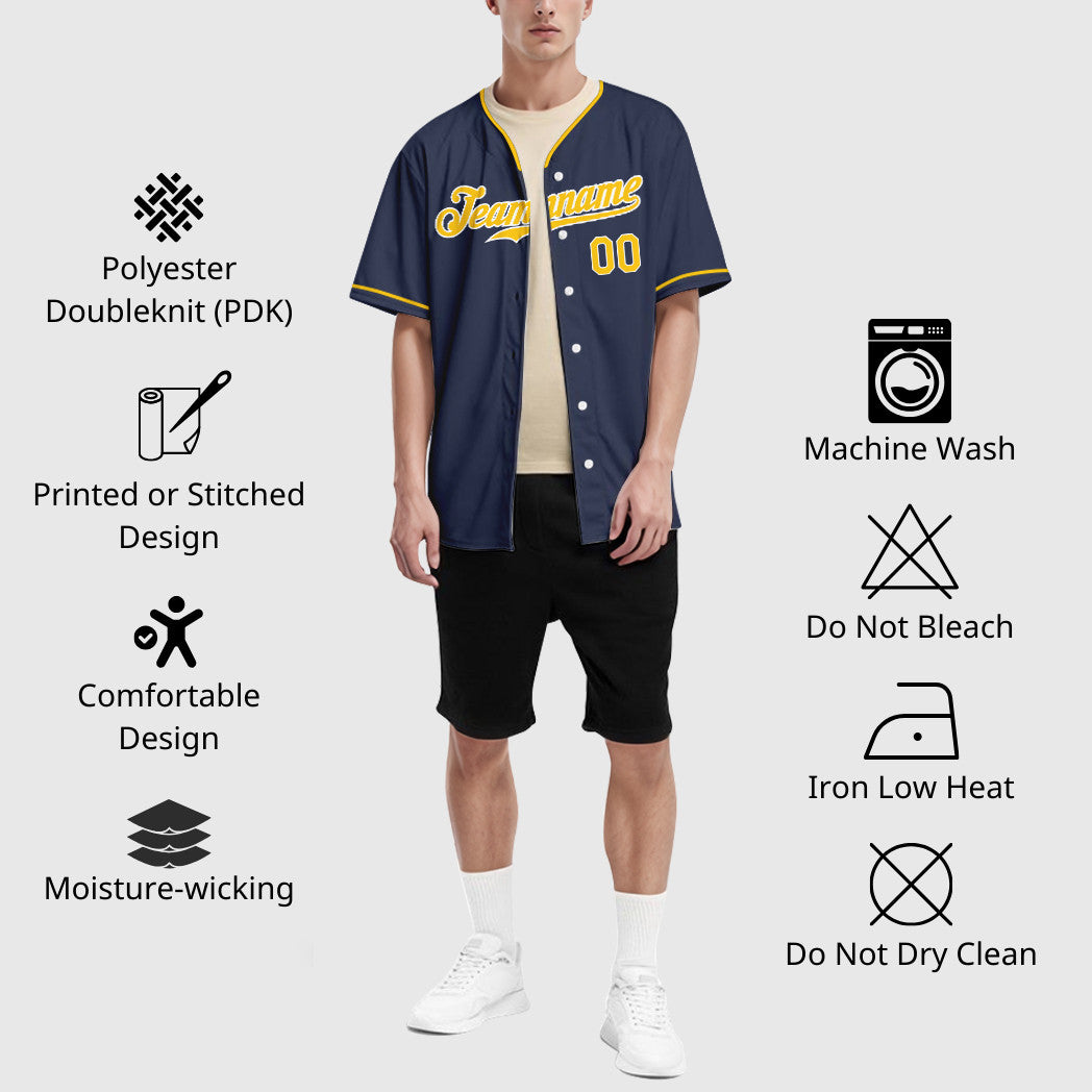 Custom Navy White Gold Collar Sleeve Baseball Jersey