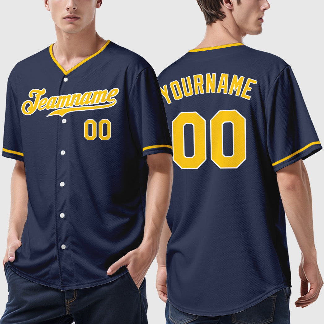 Custom Navy White Gold Collar Sleeve Baseball Jersey