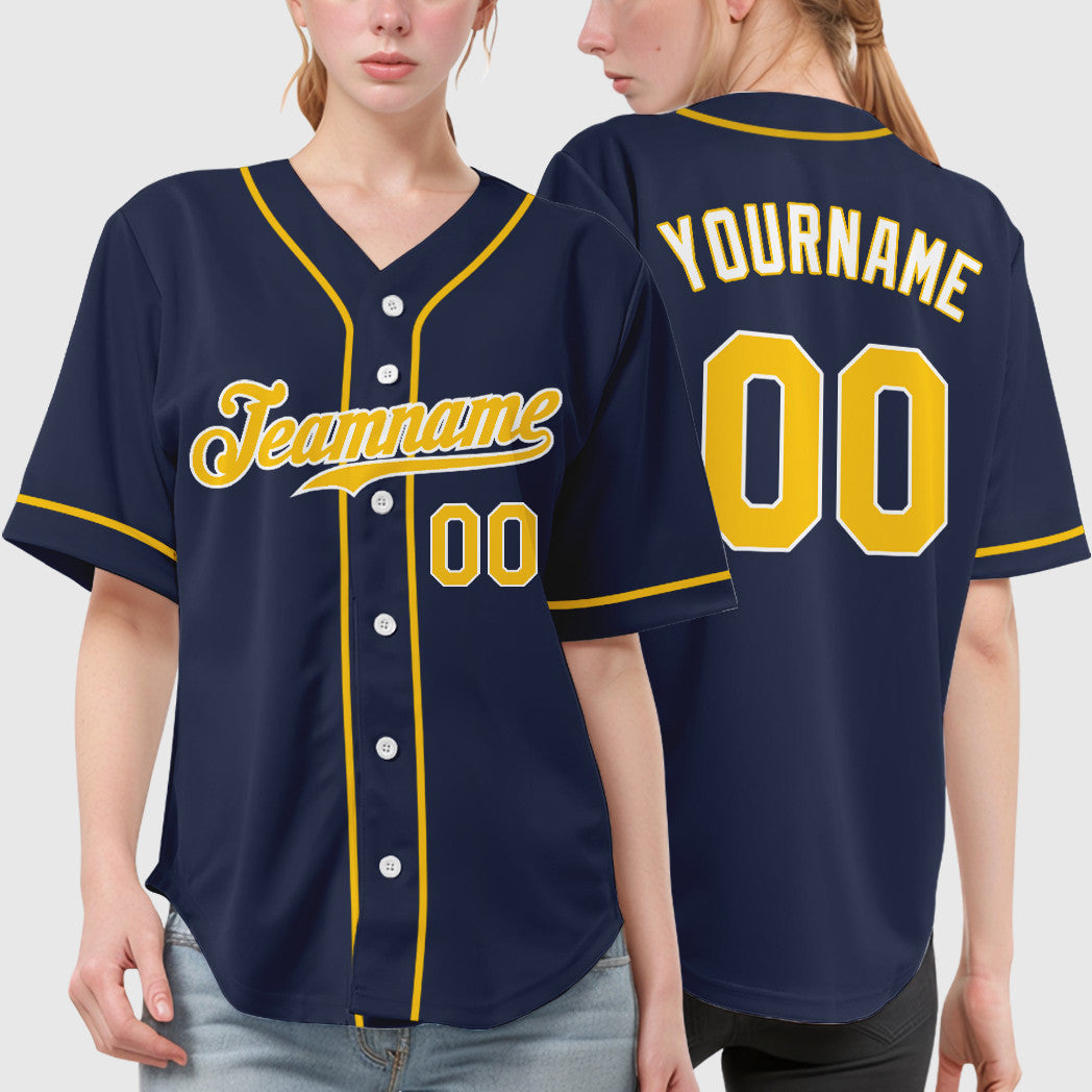 Custom Navy Gold Gold-White Sleeve Baseball Jersey