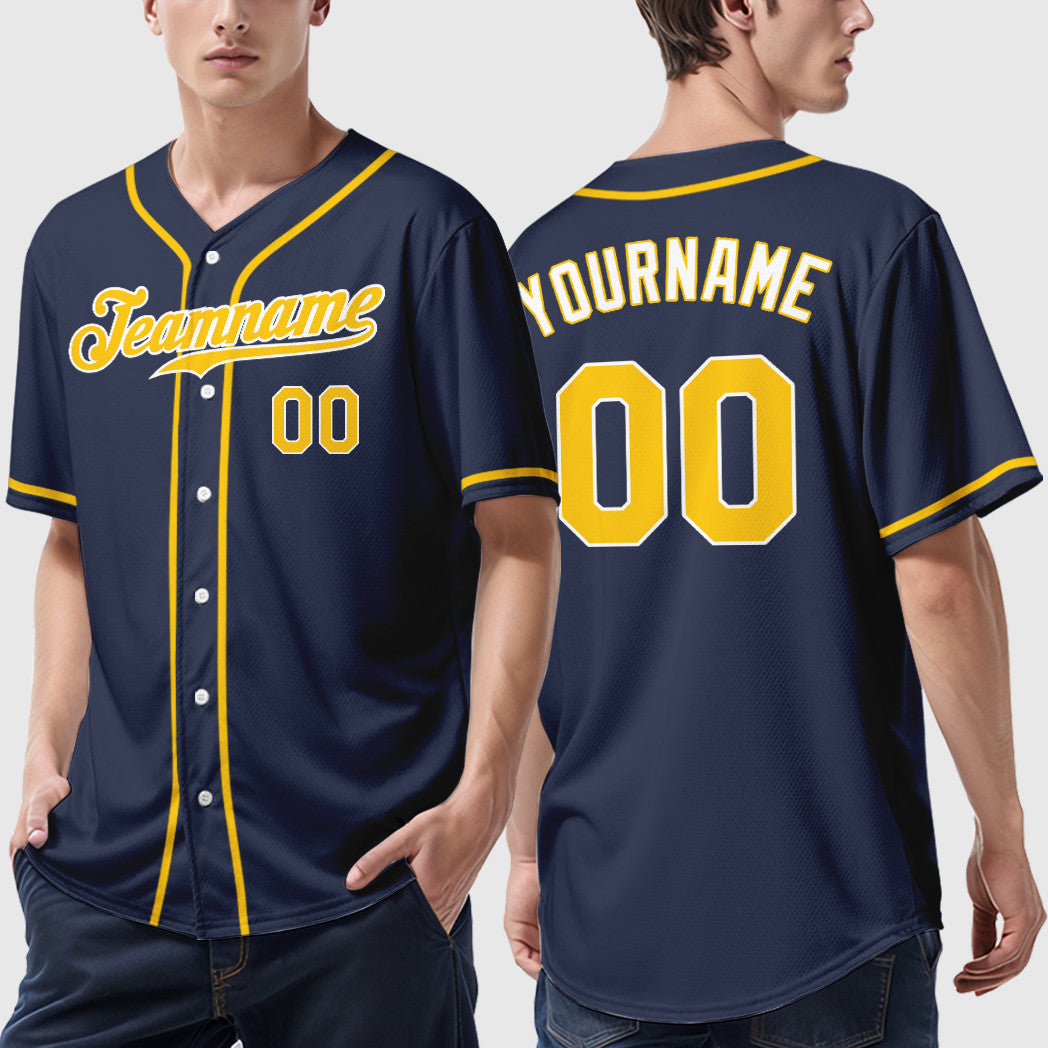 Custom Navy Gold Gold-White Sleeve Baseball Jersey