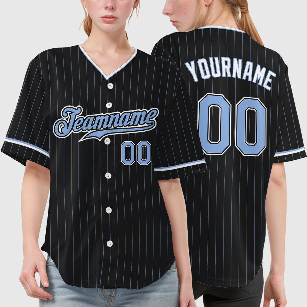 Custom Black Light Blue Light Blue-White Pinstripe Baseball Jersey