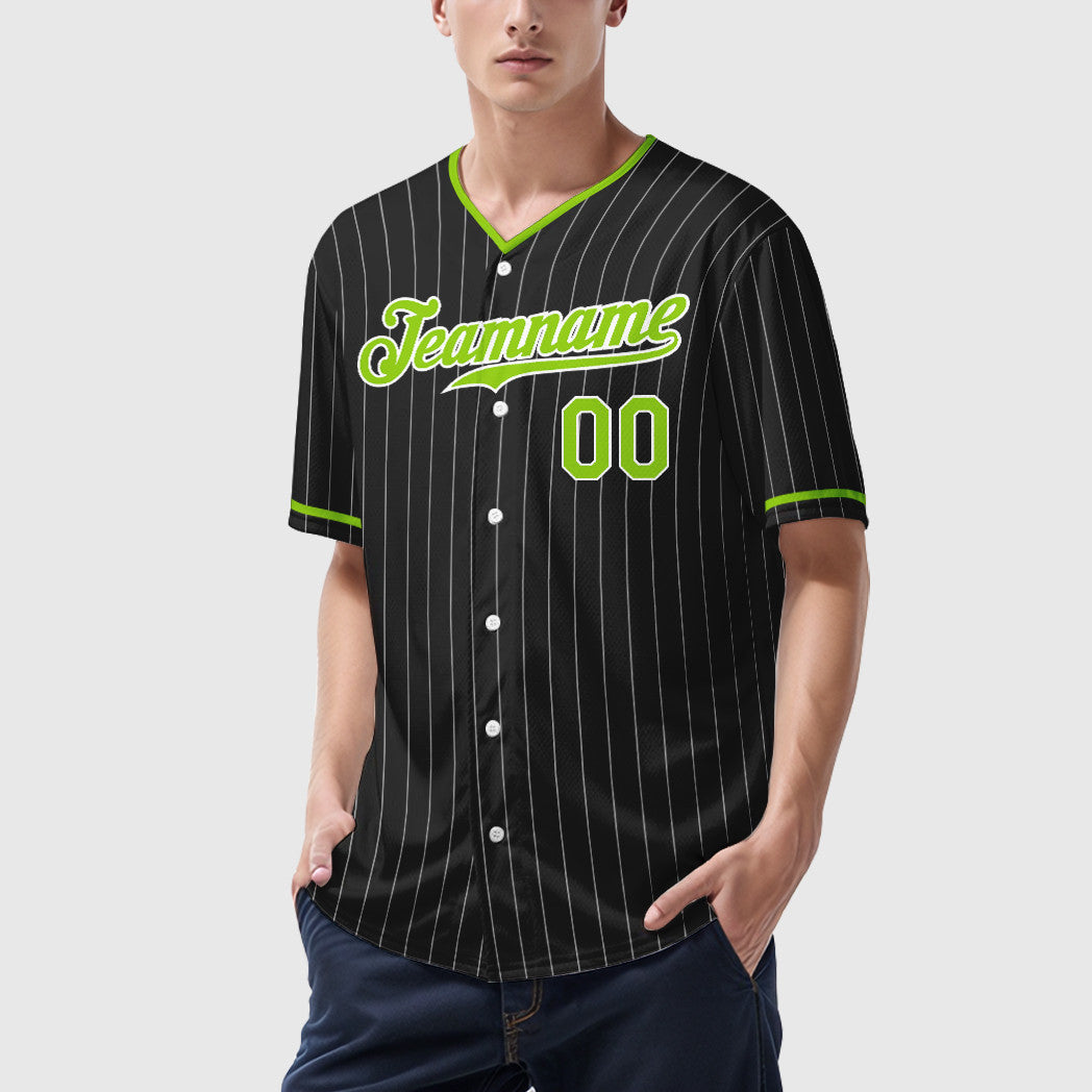 Custom Black White Neon Green Pinstripe Baseball Jersey