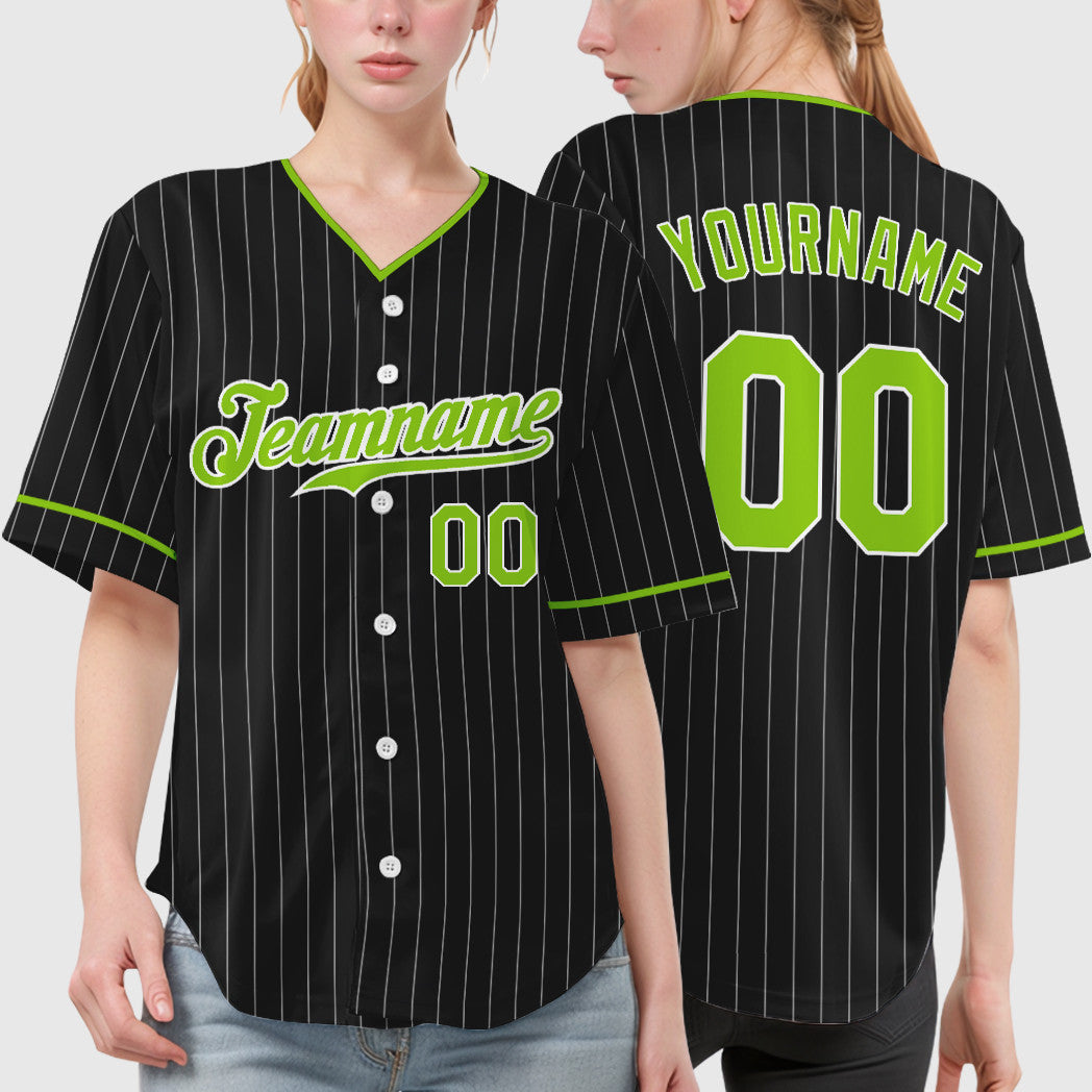 Custom Black White Neon Green Pinstripe Baseball Jersey